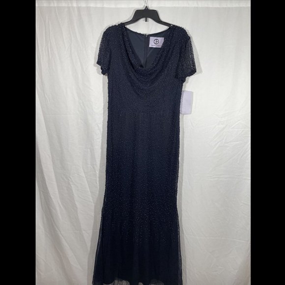 NWT $358 JS Collection Cowl Neck Beaded Mesh‎ Gown in Blue [SZ 10 ] - Picture 4 of 12
